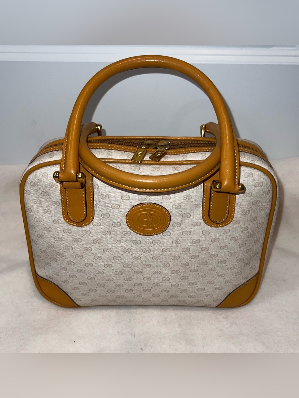 Vintage Gucci GG Monogram Satchel with Tan Leather Trim